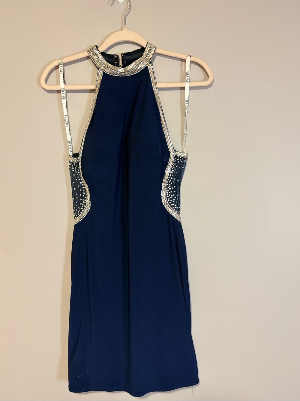 Women's Navy Halter Dress with Embellished Silver Trim